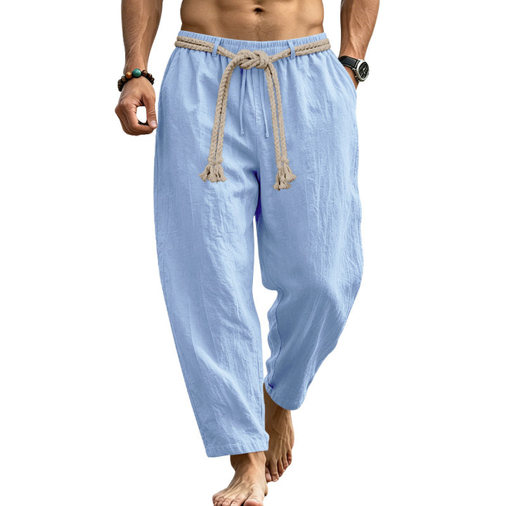 Herren lässige Leinen-Loungehose mit elastischem Bund, dekorativem Seilgürtel und Seitentaschen Drune