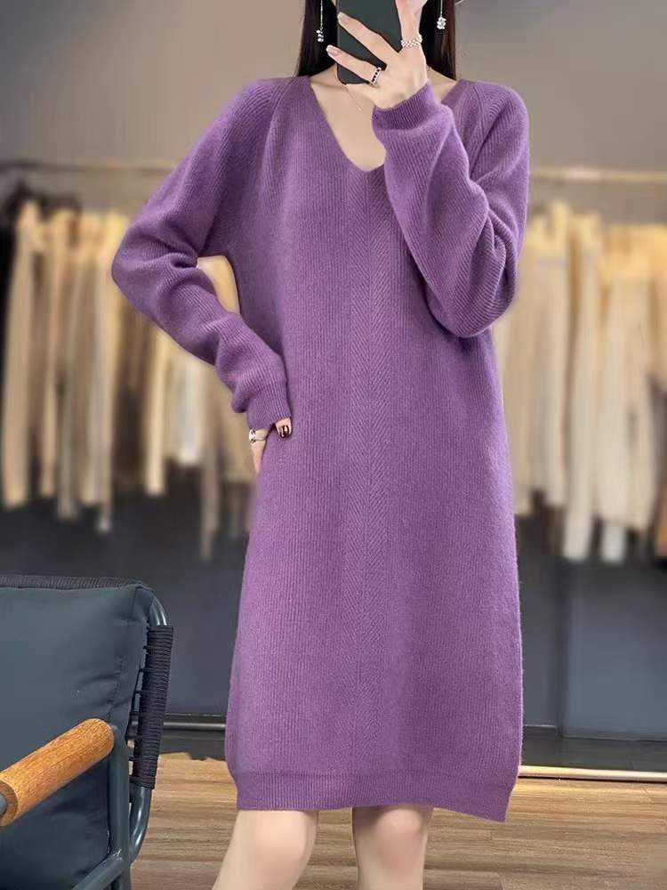 Damen gemütliches Strickkleid mit V-Ausschnitt und lässigem Schnitt Drune