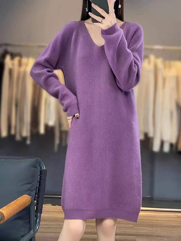Damen gemütliches Strickkleid mit V-Ausschnitt und lässigem Schnitt Drune