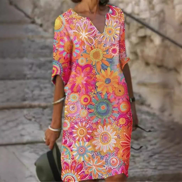 Damen lässiges Freizeitkleid mit floralen Mustern und V-Ausschnitt Drune