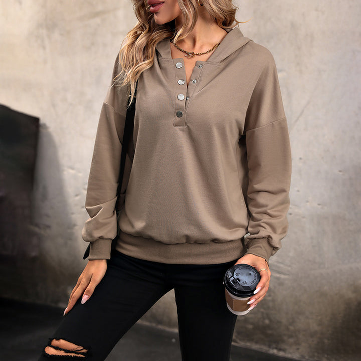 Damen Kapuzen-Henley-Pullover mit Druckknopfleiste, überschnittener Schulter und geripptem Saum Drune