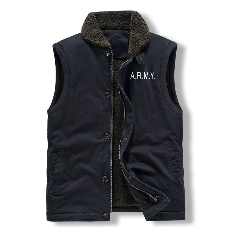 Herren gefütterte Canvas‑Weste mit Teddyfleece‑Innenlage, Zweiwege‑Reißverschluss und Knopfleiste Drune