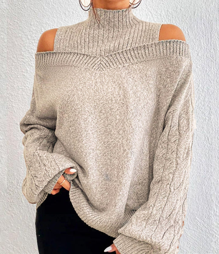 Damen nan schulterfreier Strickpullover mit Stehkragen und Zopfmusterärmeln Drune