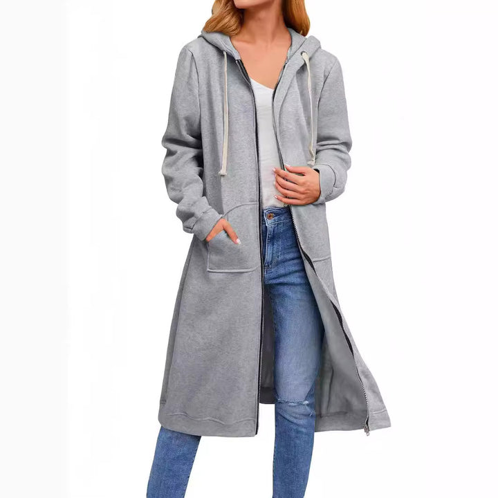 Damen Langer Kapuzen-Sweatmantel mit Zwei-Wege-Reißverschluss und Kängurutaschen Drune