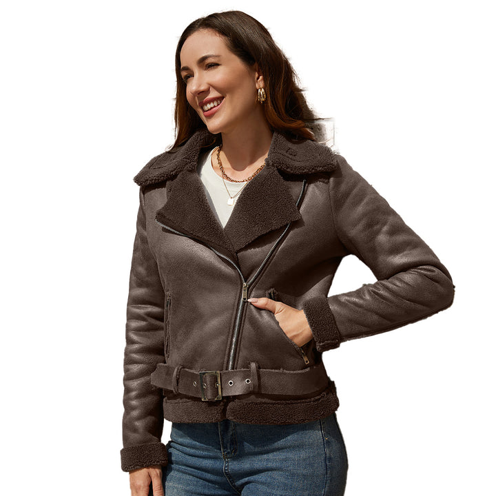 Damen modische Lammfelljacke mit asymmetrischem Reißverschluss und Taillengürtel Drune