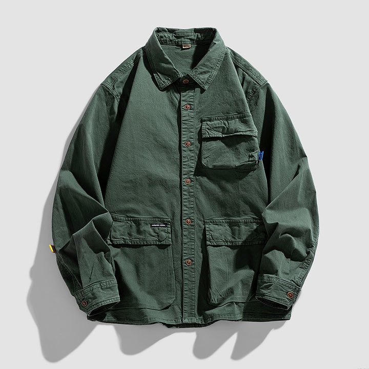 Herren Lockere Utility-Overshirt-Jacke mit Mehrfach‑Taschen aus robustem Baumwoll‑Twill Drune
