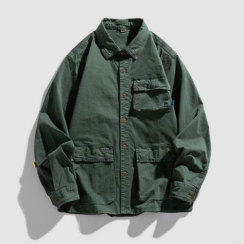 Herren Lockere Utility-Overshirt-Jacke mit Mehrfach‑Taschen aus robustem Baumwoll‑Twill Drune
