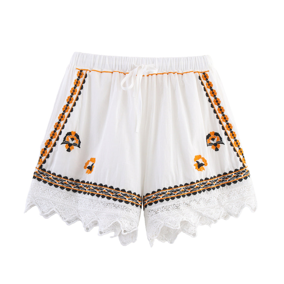 Damen Bestickte Boho-Bluse mit weiten Glockenärmeln und Spitzensaum Drune