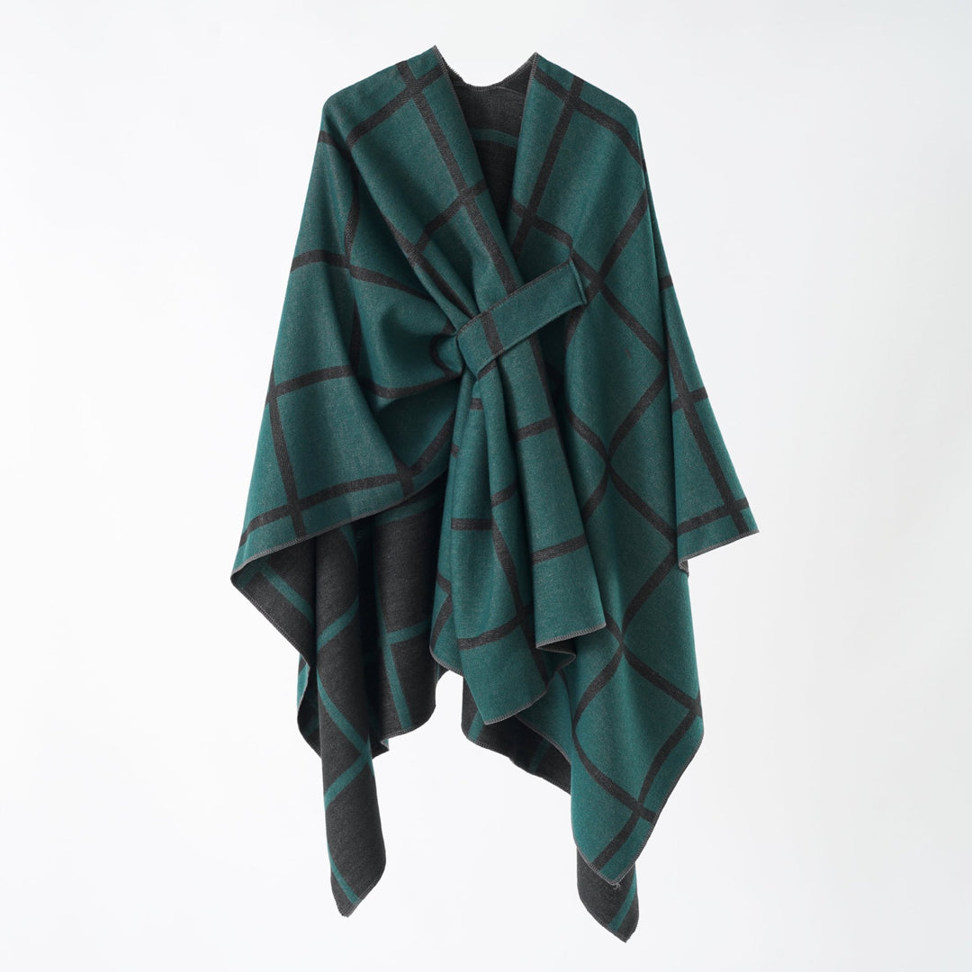 Damen Oversize Wollmix Poncho mit Gürtel und Karomuster Drune