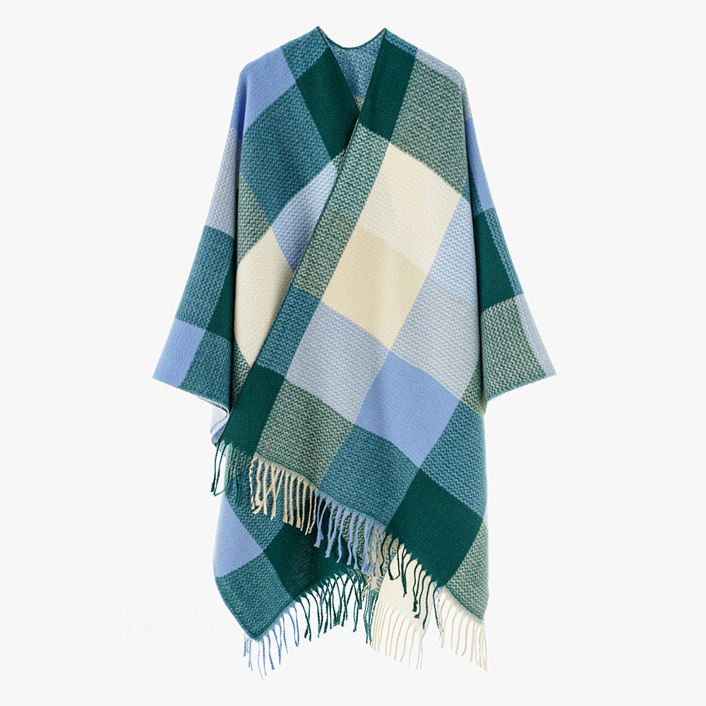 Damen Weichfallender Oversize-Poncho im Plaid-Webmuster mit V-Kragen und Fransensaum Drune