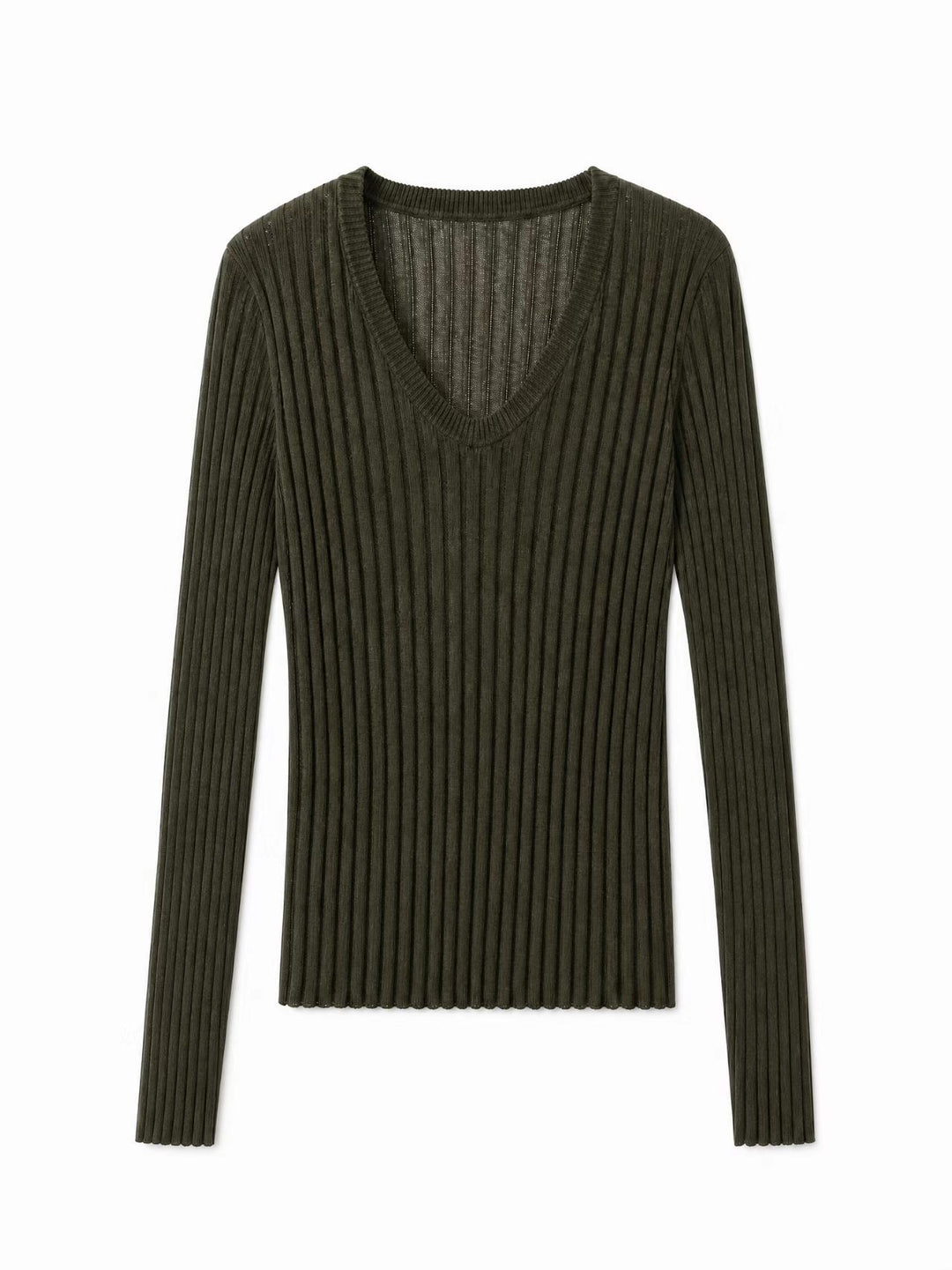 Damen Enges Feinstrick-Longsleeve mit tiefem V-Ausschnitt und breiter Rippenstruktur Drune