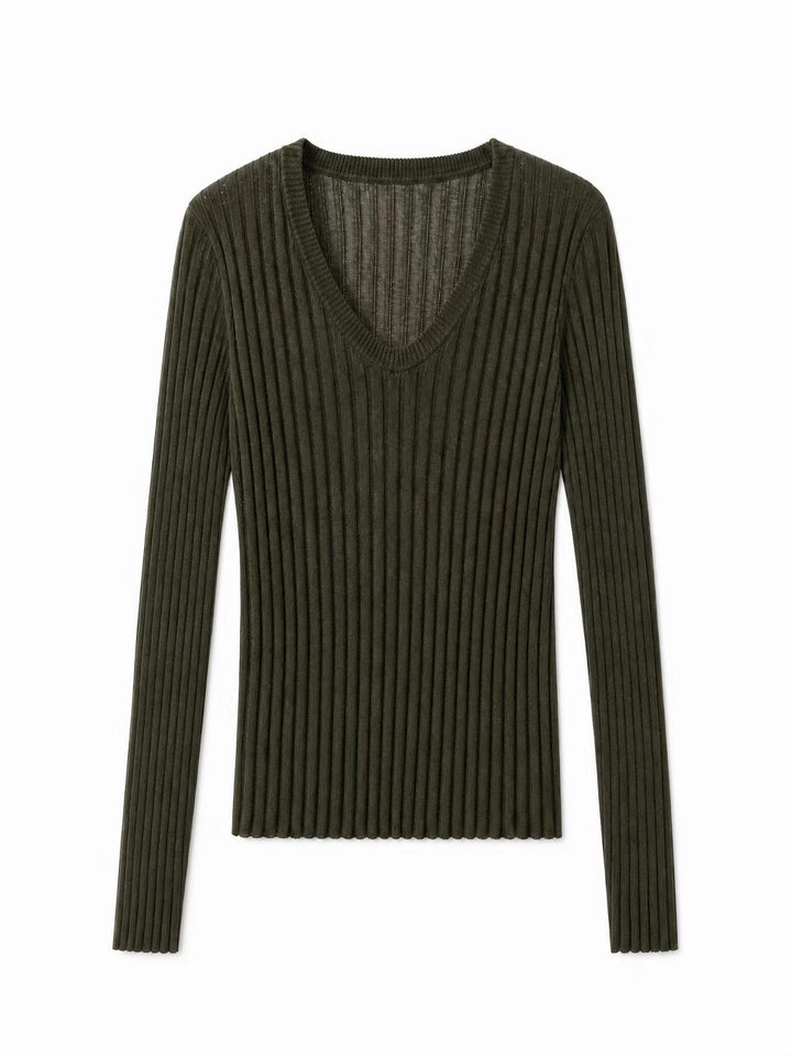 Damen Enges Feinstrick-Longsleeve mit tiefem V-Ausschnitt und breiter Rippenstruktur Drune