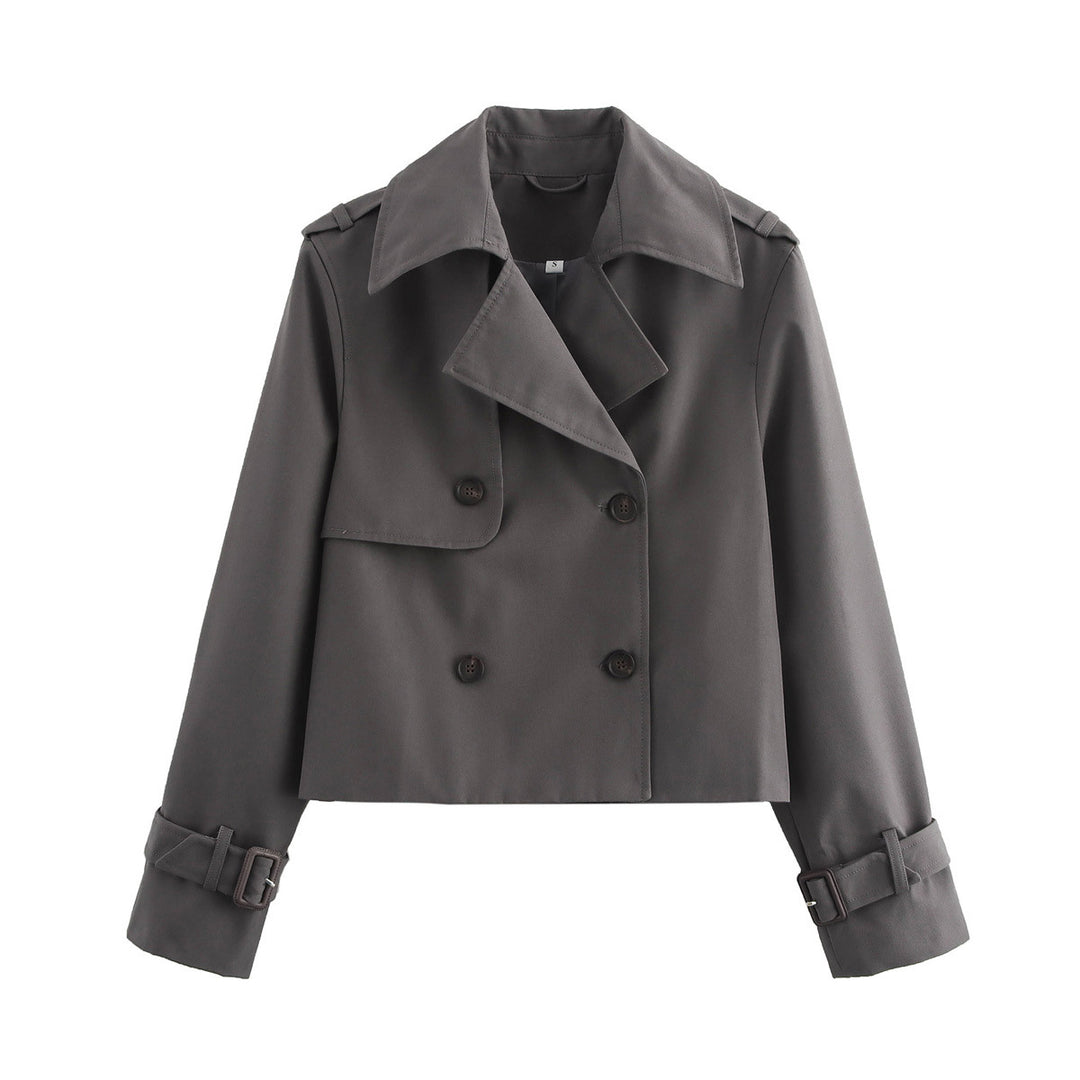 Damen nan cropped Trenchjacke mit Doppelreiher, Epauletten und verstellbaren Schnallenmanschetten Drune