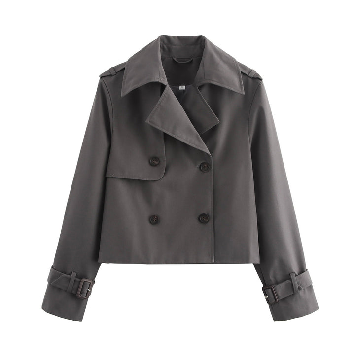 Damen nan cropped Trenchjacke mit Doppelreiher, Epauletten und verstellbaren Schnallenmanschetten Drune