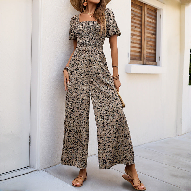 Damen Floraler Smocked-Jumpsuit mit Karree-Ausschnitt, Puffärmeln und weitem Beinschnitt Drune