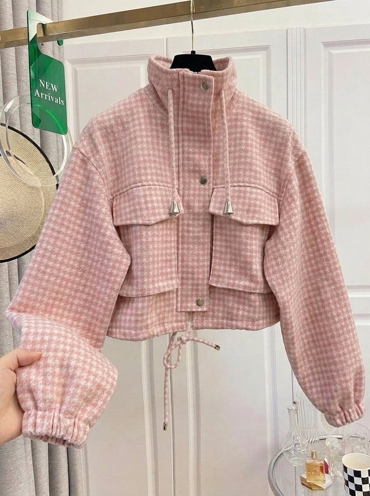 Damen Karo-Cropped-Jacke mit Stehkragen, Tunnelzug und elastischen Bündchen Drune