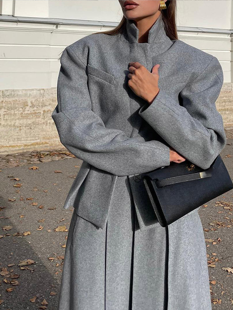 Damen elegante Oversize-Jacke mit hohem Kragen und strukturierten Ärmeln Drune