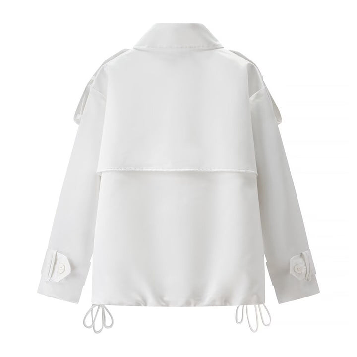 Damen Kurzer Boxy-Doppelreiher Trench mit Tunnelzug und dekorativen Schulterriegeln Drune