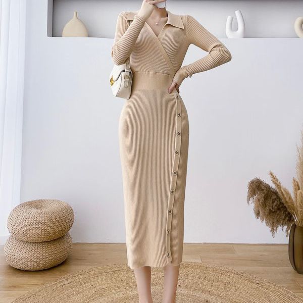 Damen Langärmeliges Strickkleid mit elegantem Knopfdetail und taillierter Silhouette Drune