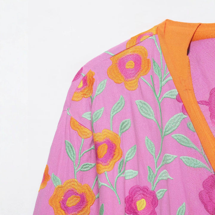 Damen Besticktes Kimono-Blouson mit Taillengürtel und floraler Stickerei Drune