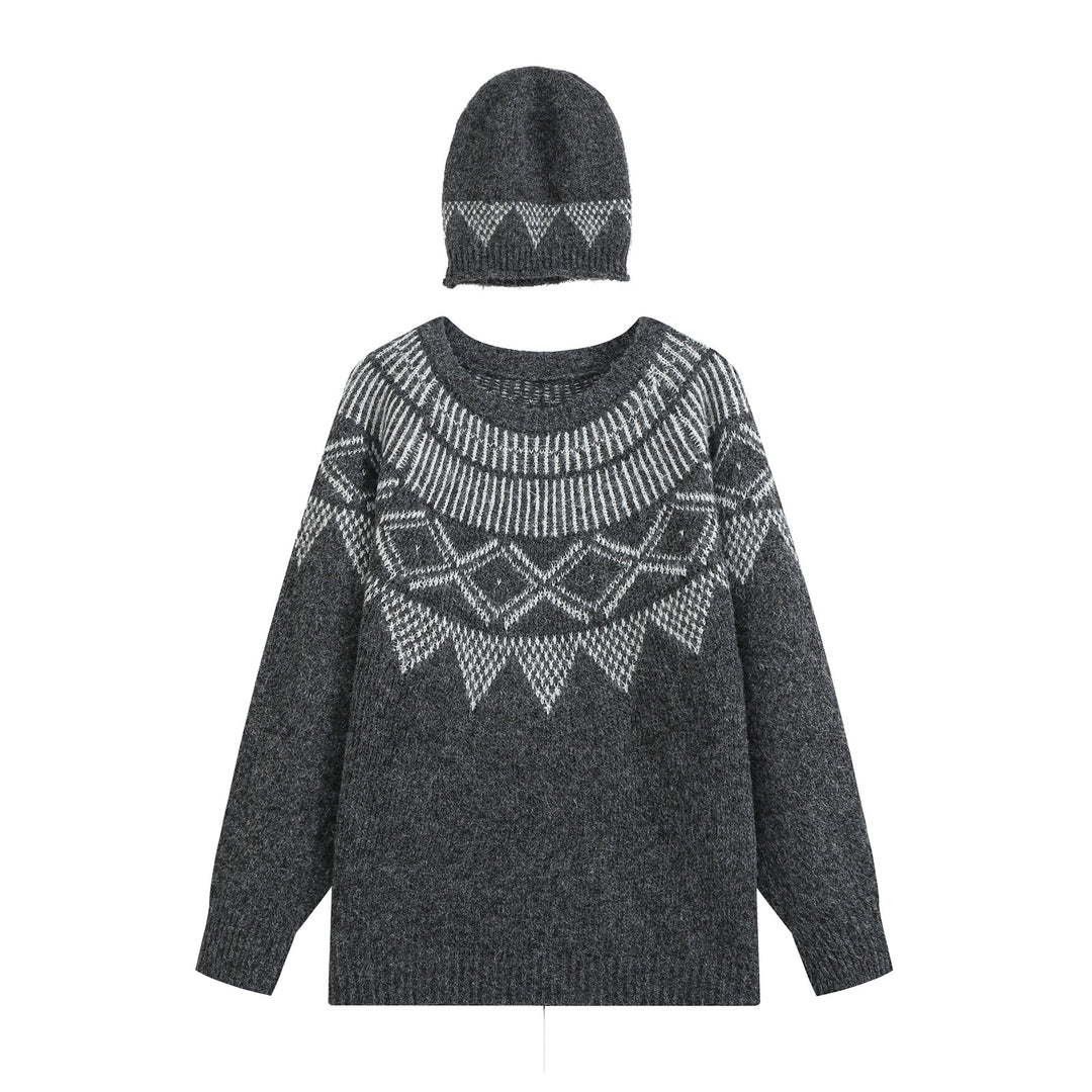 Damen Oversize Norweger‑Strickpullover mit Rundhalsausschnitt und passender Strickmütze Drune