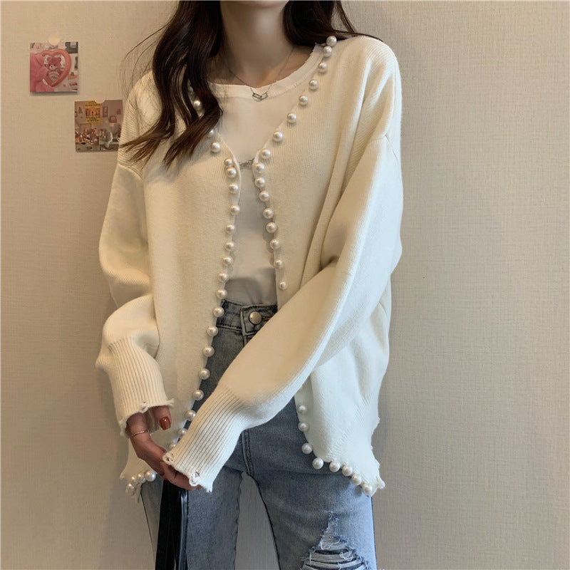 Damen Strickjacke mit Perlenverzierung und Lockeren Schnitt Drune