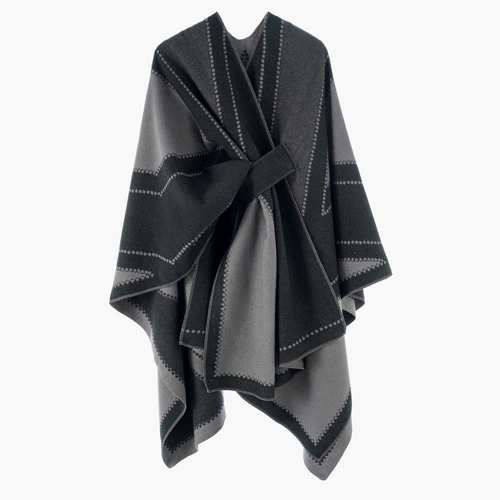 Damen Oversize-Cape aus Jacquard-Strick mit Bindeschlaufe Drune