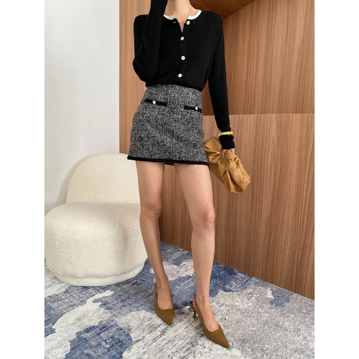 Damen lässige Strickjacke mit Kontrastdetails und knöpfbarem Ausschnitt Drune