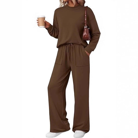 Damen Loungewear-Zweiteiler aus weichem Jersey mit Rundhalsausschnitt und weitem Kordelzug-Hose Drune