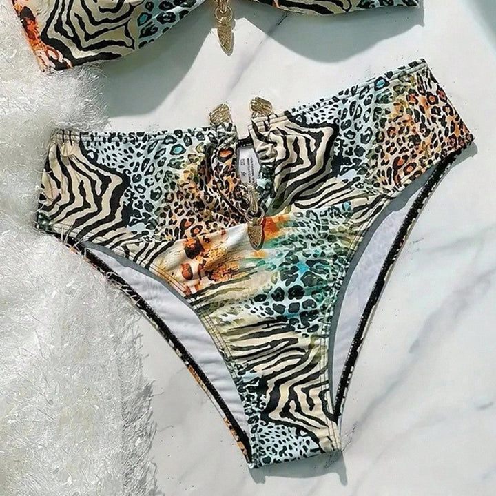 Damen Bandeau-Bikini mit animalischem Muster und dekorativem Verschluss Drune