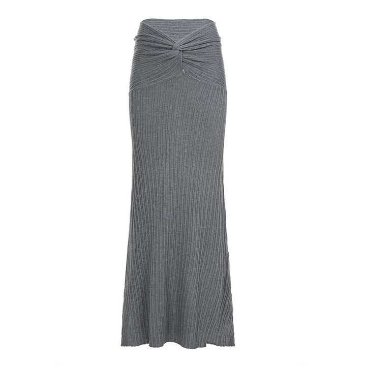 Damen nan hochtaillierter gerippter Maxi-Strickrock mit Twist-Taillenbund und figurumspielender A-Linie Drune