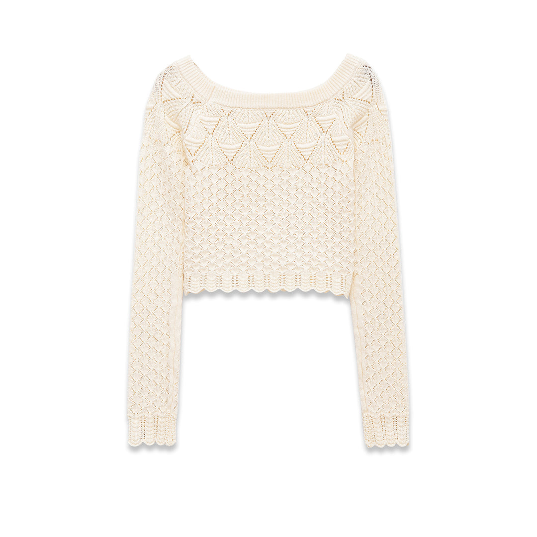 Damen nan gehäkelter Kurzpullover mit weitem Boot-Ausschnitt, feinem Lochstrickmuster und elastischem Bündchen Drune