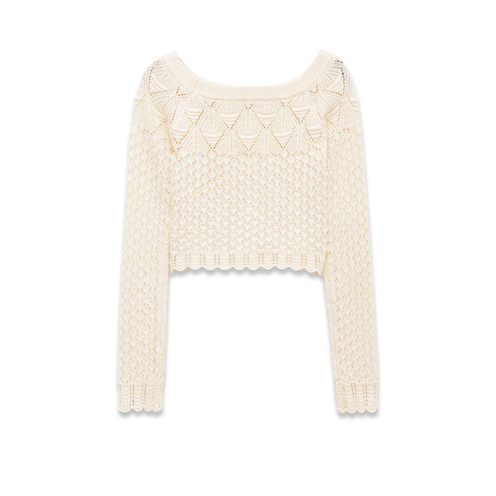 Damen nan gehäkelter Kurzpullover mit weitem Boot-Ausschnitt, feinem Lochstrickmuster und elastischem Bündchen Drune