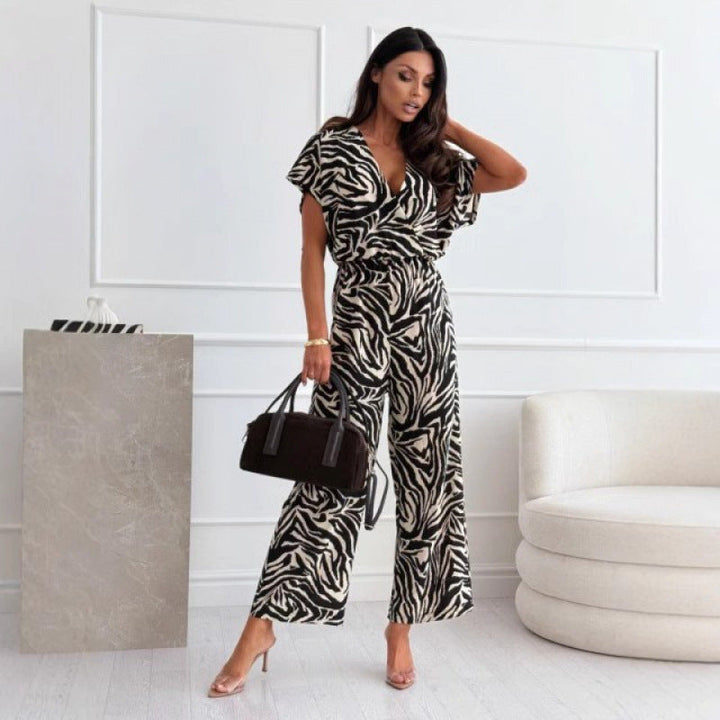 Damen Eleganter Safari Druck Jumpsuit Drune