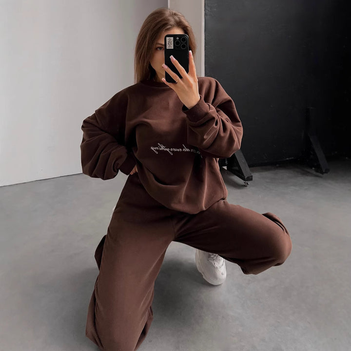 Damen lässiges Lounge-Set aus French-Terry mit oversized Cropped-Sweatshirt und hoher Taillen-Jogginghose Drune