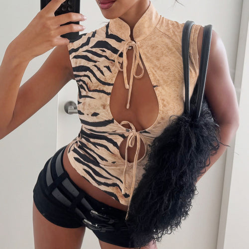 Damen modisches Oberteil mit aufregendem Tigerprint und dekorativen Schnürdetails Drune
