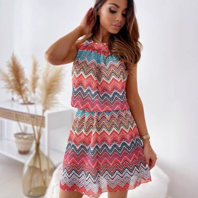 Damen Neckholder Minikleid mit zigzag-muster und luftiger Passform Drune