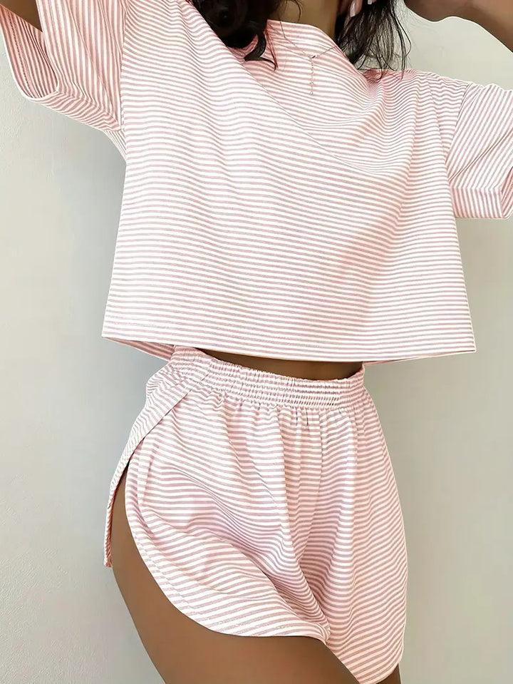 Damen Lässiges Streifen-Set mit weitem T-Shirt und Shorts Drune