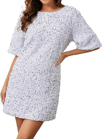 Damen Funkelndes Pailletten-Kleid mit lockeren Ärmeln und Rundhalsausschnitt Drune