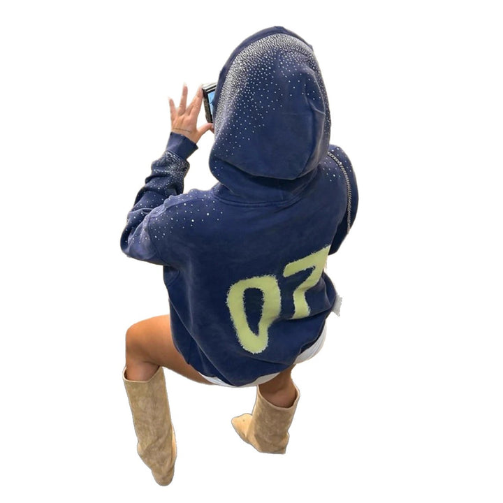 Damen nan übergroßer Kapuzenpullover aus Samtfleece mit markantem Logoprint, Glitzerbesatz und Kängurutasche Drune