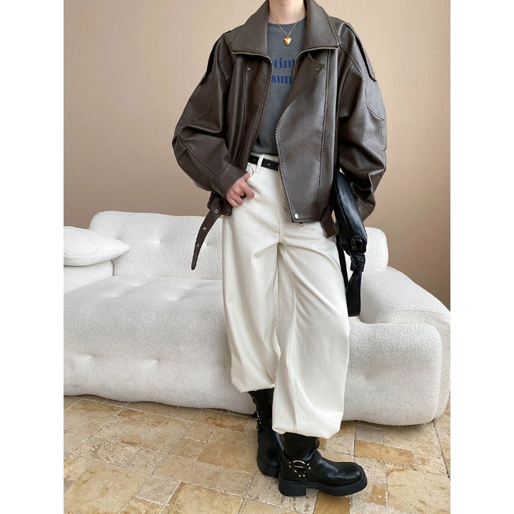 Damen lässige Kunstlederjacke im modernen Oversized-Stil mit dekorativen Knopfdetails Drune