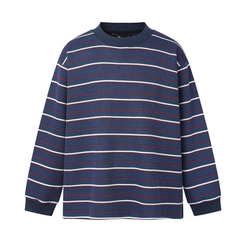 Unisex Locker geschnittener Strukturstrick-Pullover mit Rundhals und maritimen Streifen Drune