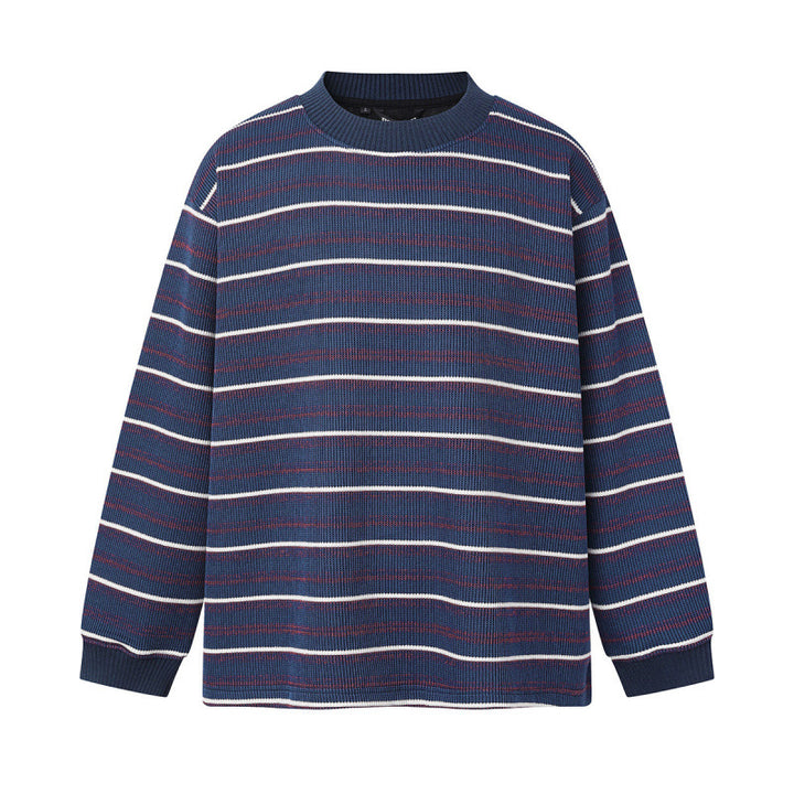 Unisex Locker geschnittener Strukturstrick-Pullover mit Rundhals und maritimen Streifen Drune