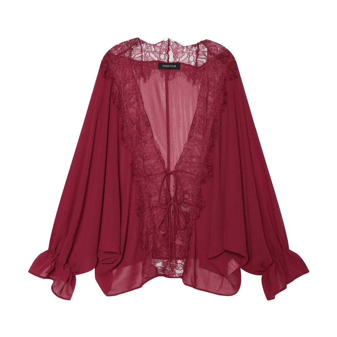 Damen Kaftan-Bluse mit Spitzenkante, Bindeband und Ballonärmeln Drune