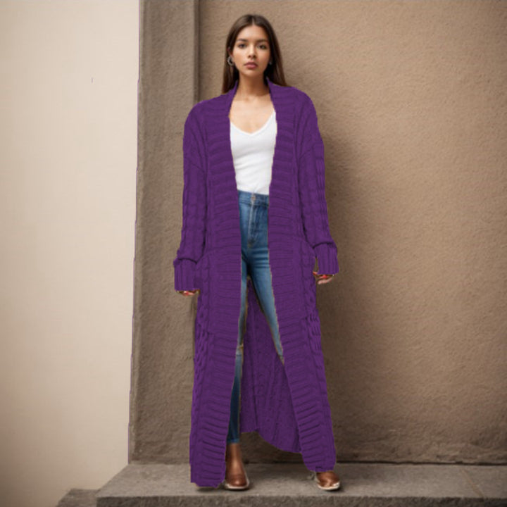Damen Langer Strickcardigan mit strukturiertem Zopfmuster und praktischen Taschen Drune