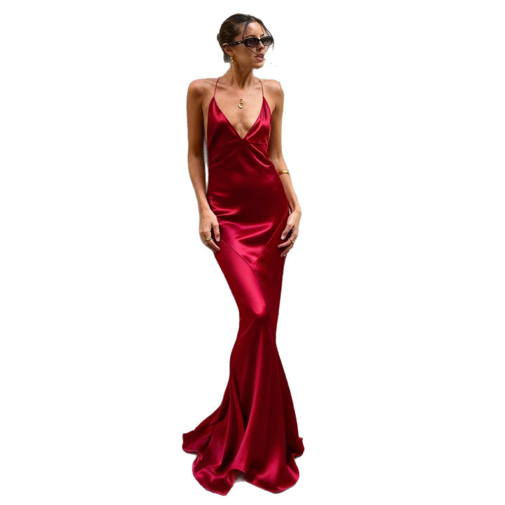 Damen elegantes Maxikleid mit tiefem V-Ausschnitt und fließendem Stoff Drune