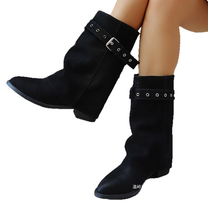 Damen Mid-Calf-Stiefel mit Schnallenriemen und niedrigem Blockabsatz Drune