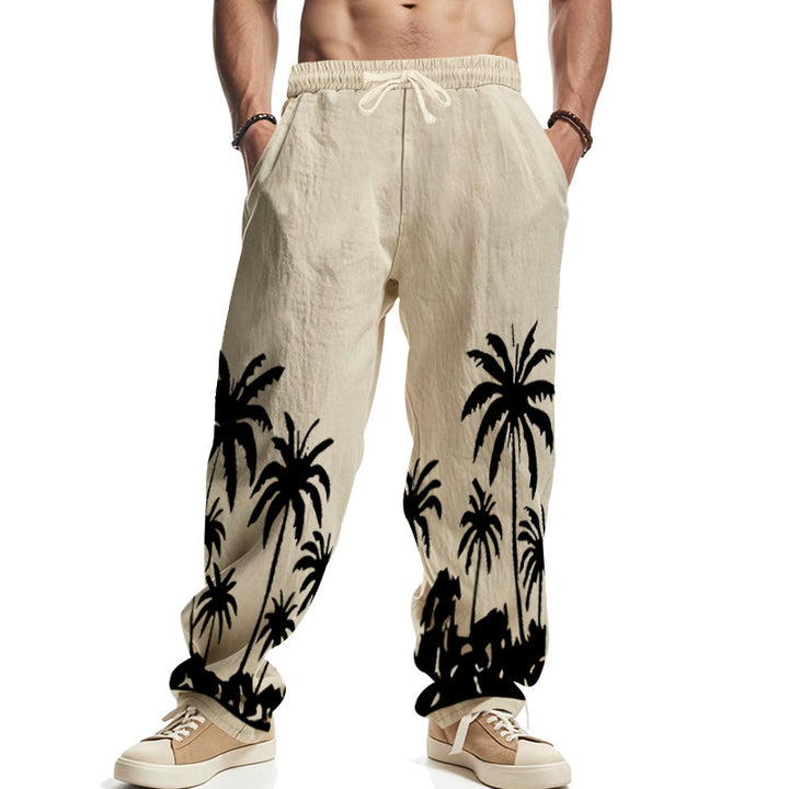 Herren nan weite Freizeit-Hose aus Baumwoll-Leinen-Mix mit Palmenprint, Elastikbund und Kordelzug Drune