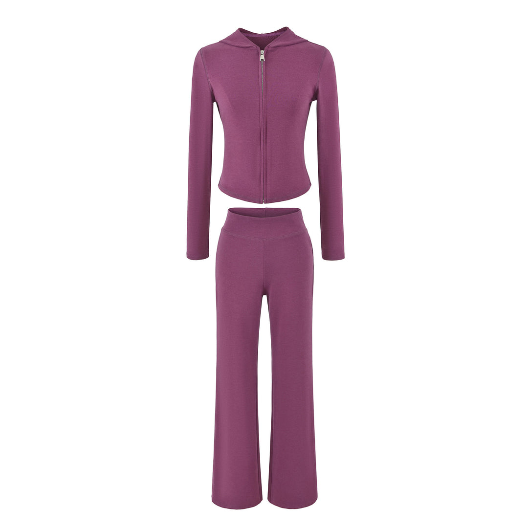 Damen Zweiteiliges Lounge-Set mit taillierter Reißverschluss-Kapuze und High‑Waist Bootcut‑Hose Drune