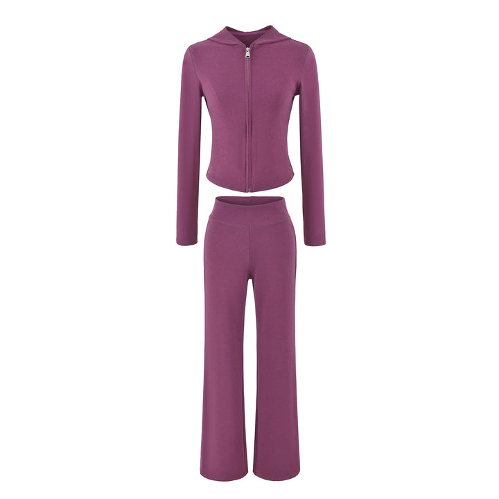 Damen Zweiteiliges Lounge-Set mit taillierter Reißverschluss-Kapuze und High‑Waist Bootcut‑Hose Drune